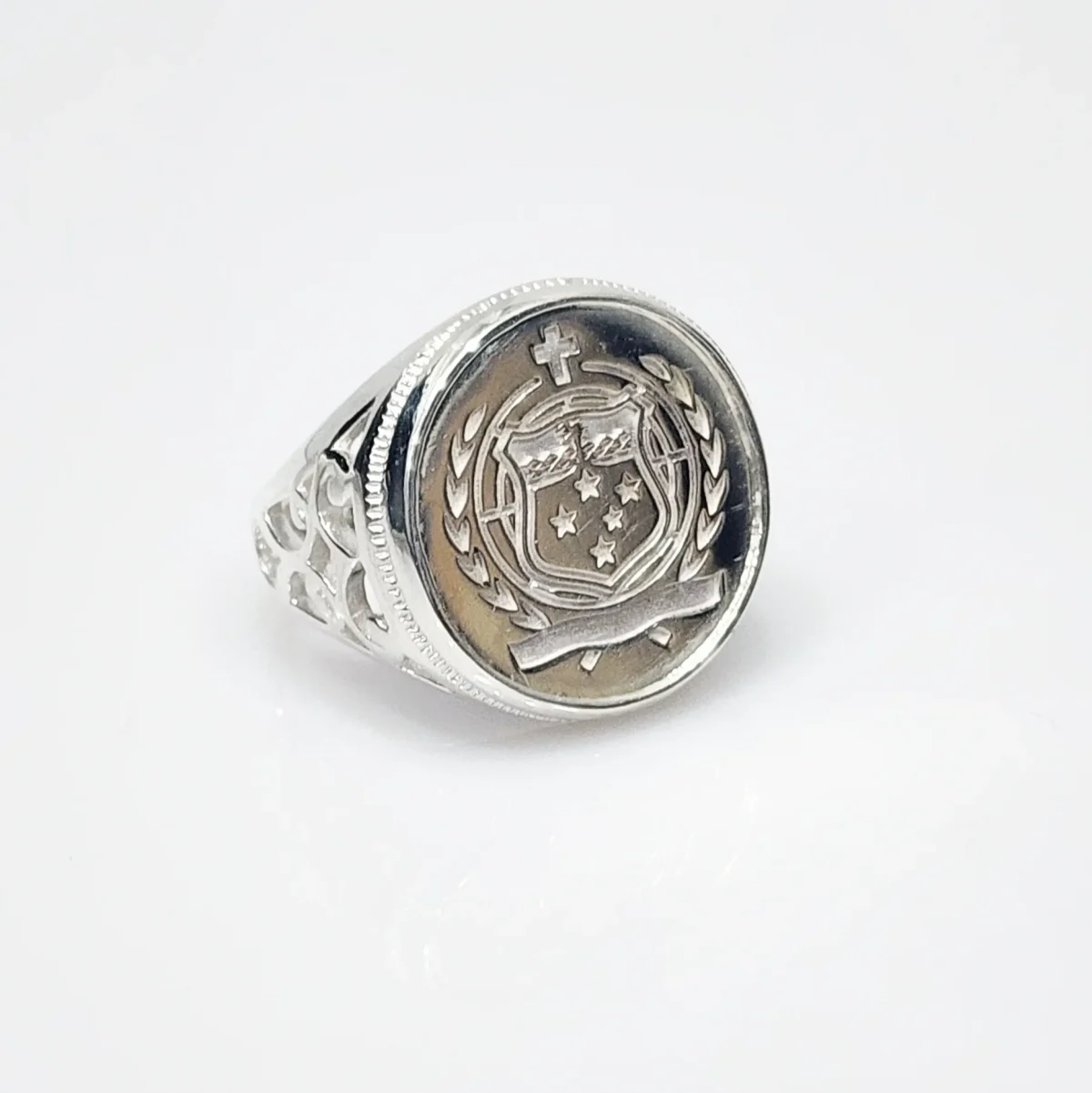 Sterling Silver Samoan Sila Coin Ring with Filigree Ring Mount