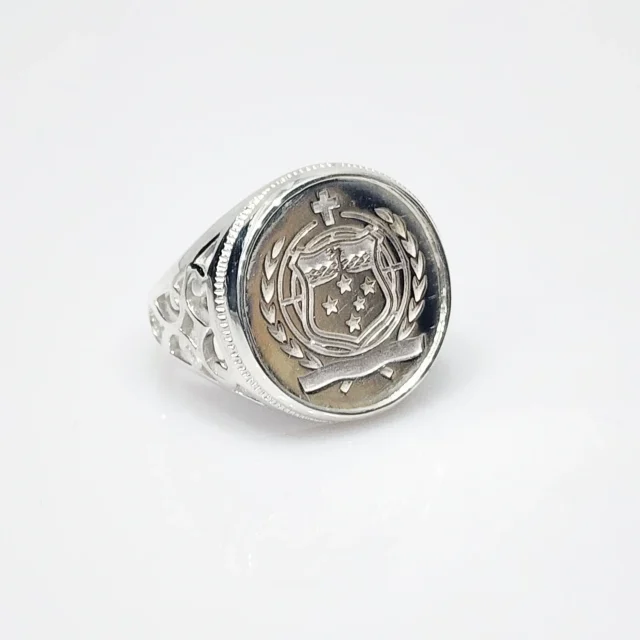 Sterling Silver Samoan Sila Coin Ring with Filigree Ring Mount