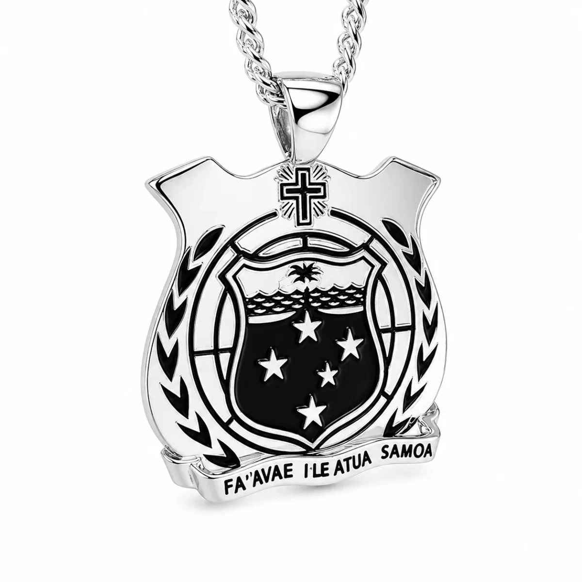 Sterling Silver Samoan Sila Pendant with Black Enamel Engraved Emblem – High Polish Finish