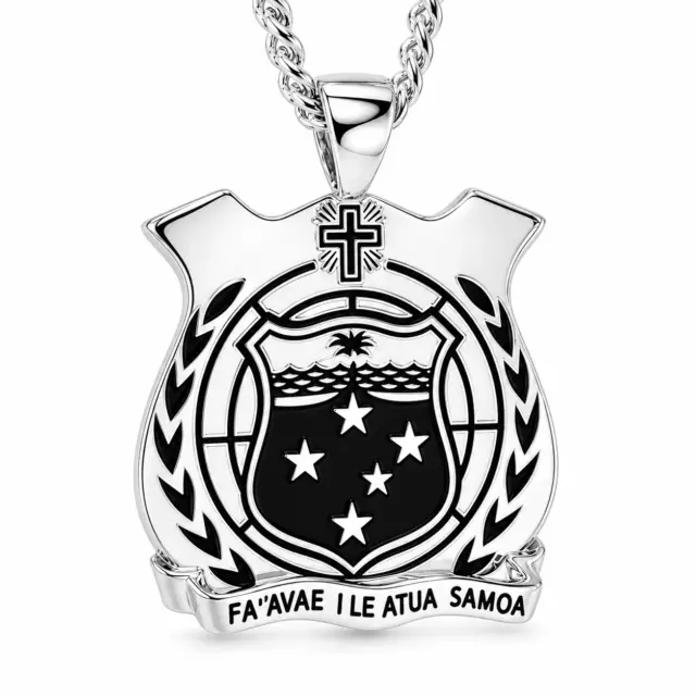 Sterling Silver Samoan Sila Pendant with Black Enamel Engraved Emblem – High Polish Finish