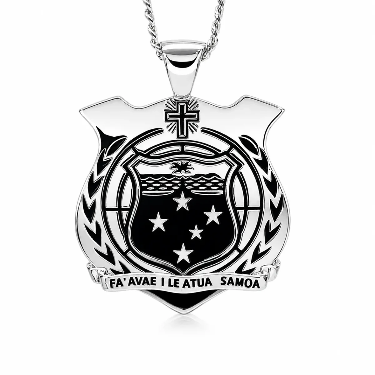 Sterling Silver Samoan Sila Pendant with Black Enamel Engraved Emblem – High Polish Finish