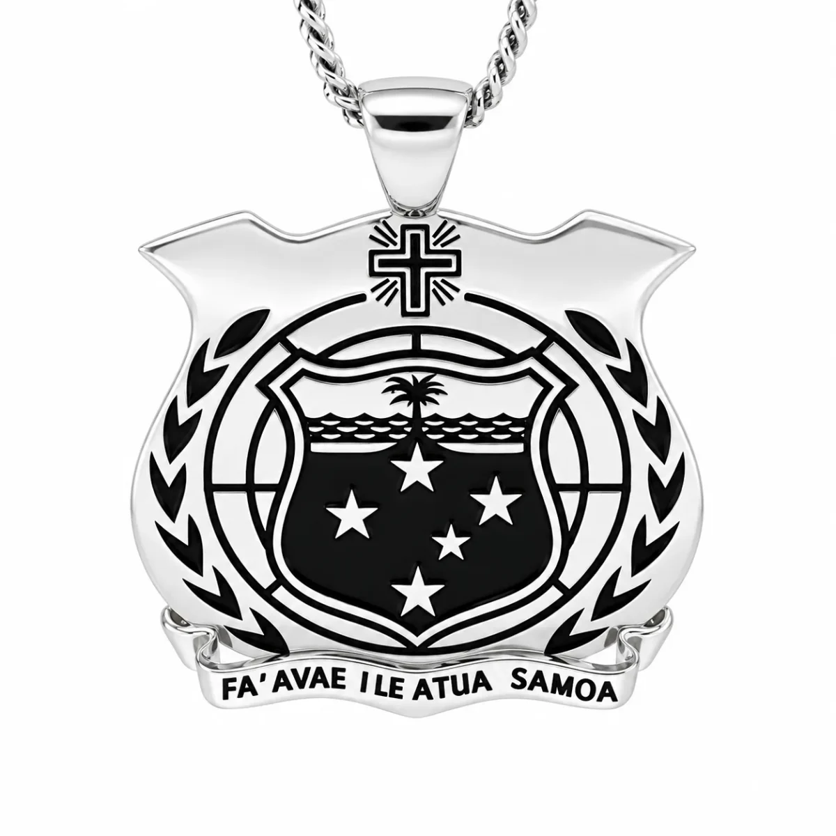 Sterling Silver Samoan Sila Pendant with Black Enamel Engraved Emblem – High Polish Finish