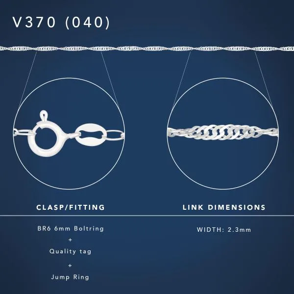 Sterling Silver Singapore Twist Chain – 40 Gauge with Jump Ring