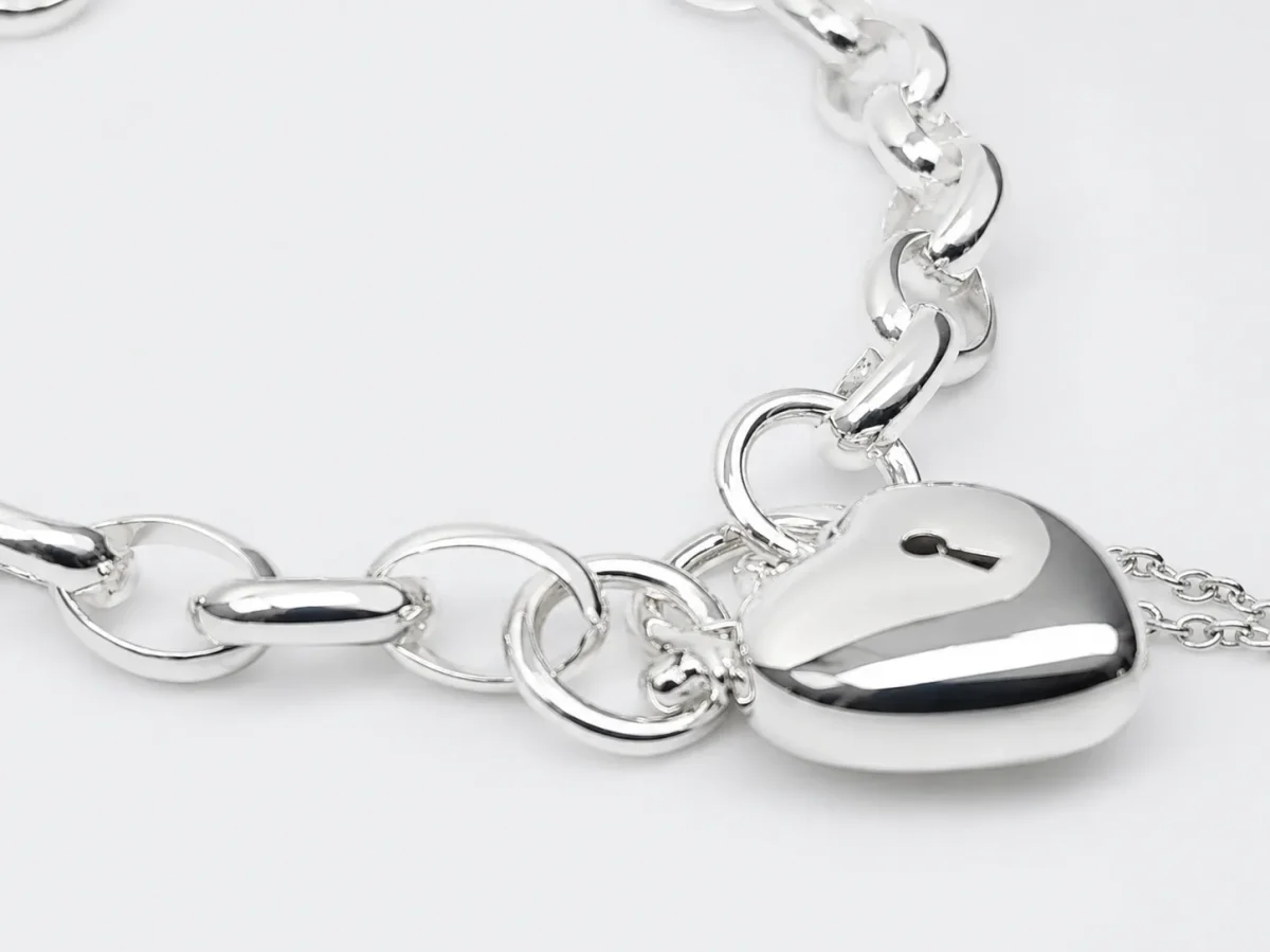 Sterling Silver Solid BO4 Oval Belcher Link Bracelet with Puff Heart Padlock & Safety Chain 18.50cm – Made in New Zealand - BO4BL18.5/PADF15