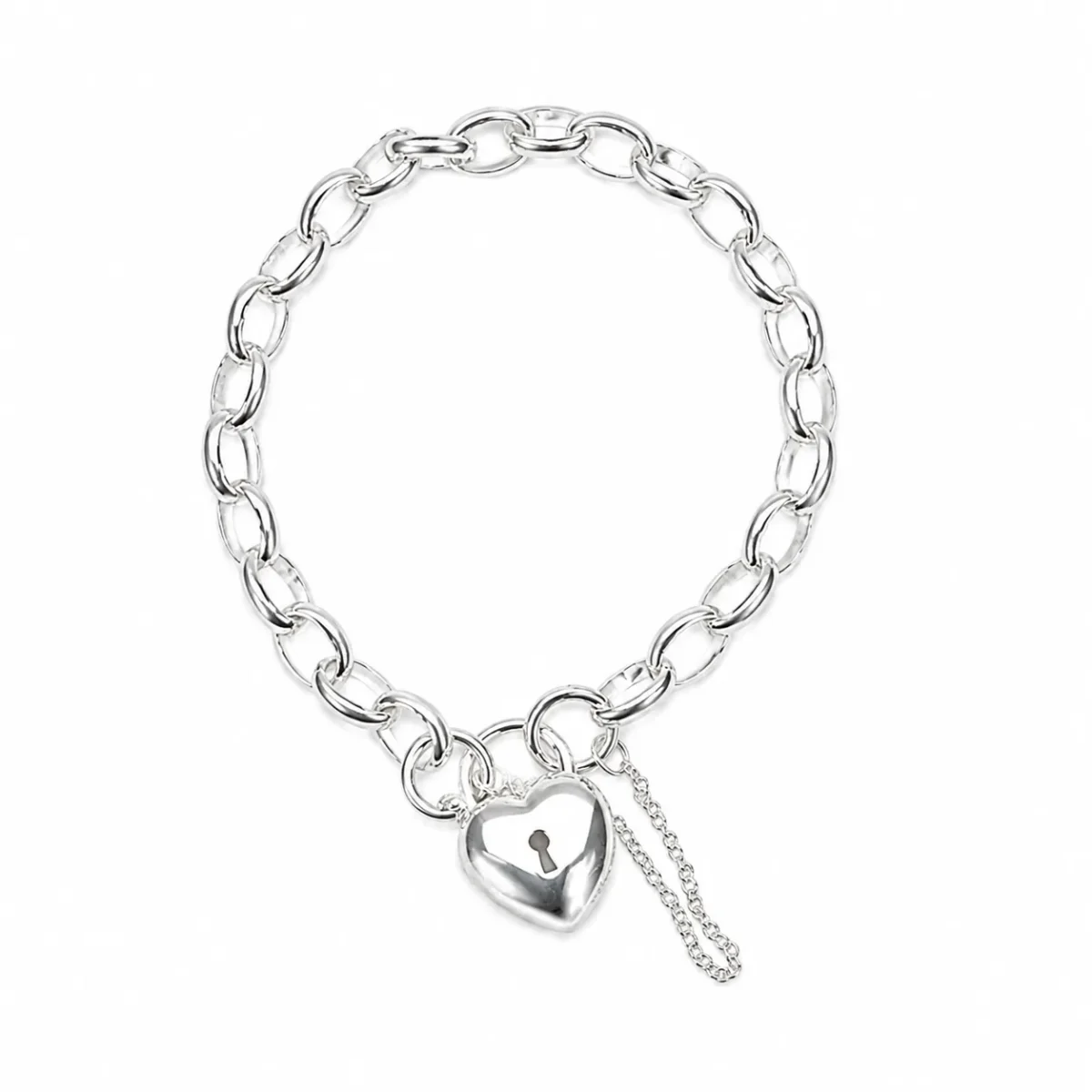 Sterling Silver Solid BO4 Oval Belcher Link Bracelet with Puff Heart Padlock & Safety Chain 18.50cm – Made in New Zealand - BO4BL18.5/PADF15