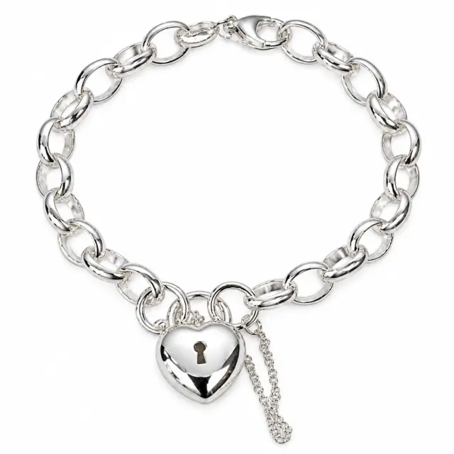 Sterling Silver Solid BO4 Oval Belcher Link Bracelet with Puff Heart Padlock & Safety Chain 18.50cm – Made in New Zealand - BO4BL18.5/PADF15