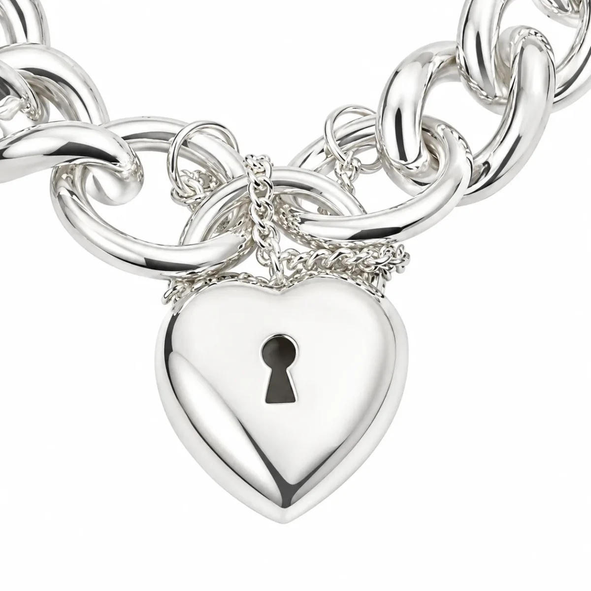 Sterling Silver Solid Curb Link Bracelet with Puff Heart Padlock & Safety Chain, 20cm – Made in New Zealand - C350PB21/PADF18