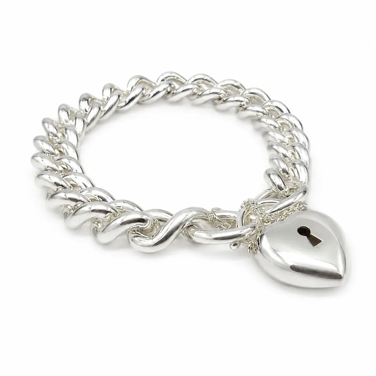 Sterling Silver Solid Curb Link Bracelet with Puff Heart Padlock & Safety Chain, 20cm – Made in New Zealand - C350PB21/PADF18