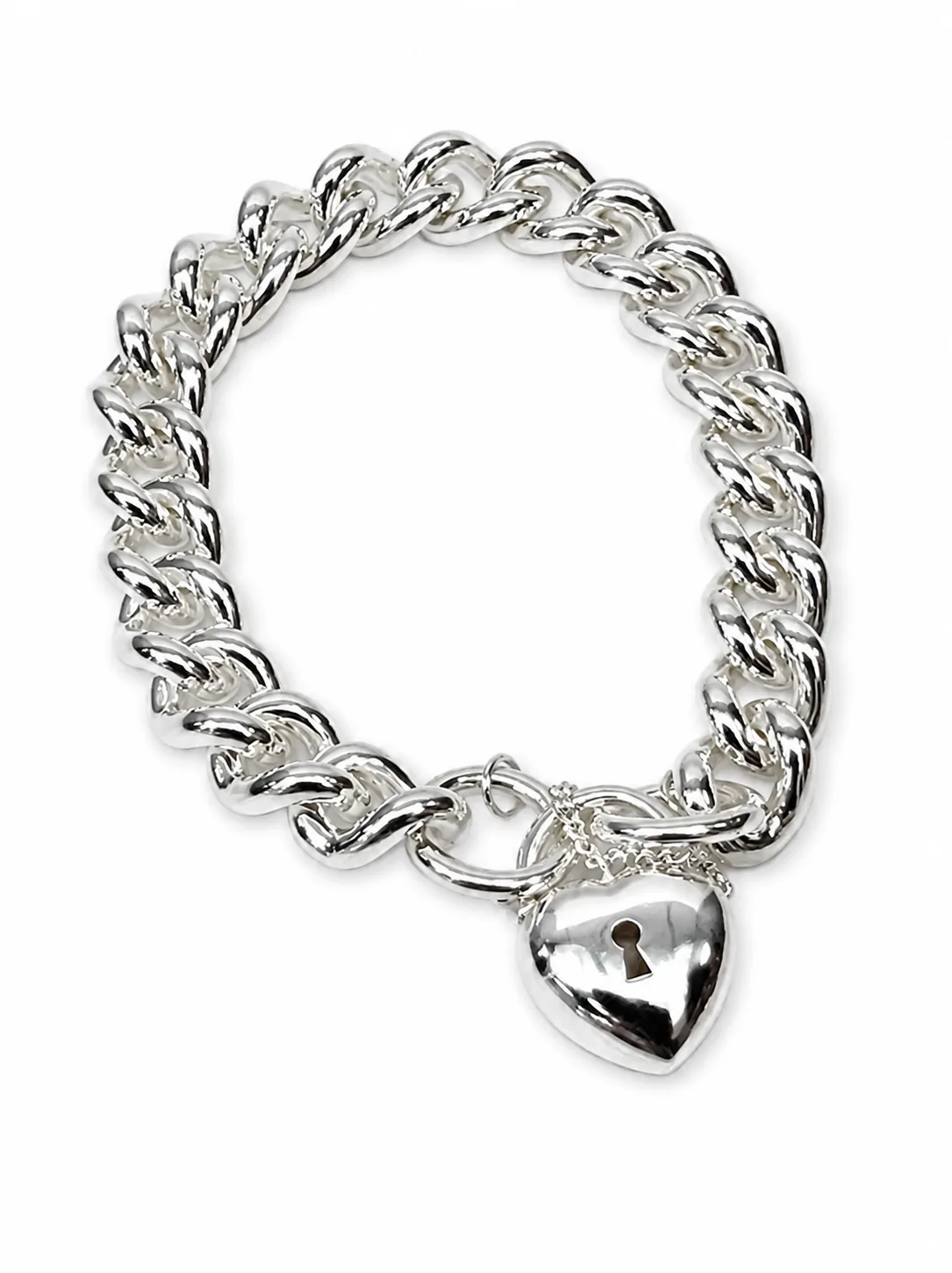 Sterling Silver Solid Curb Link Bracelet with Puff Heart Padlock & Safety Chain, 20cm – Made in New Zealand - C350PB21/PADF18