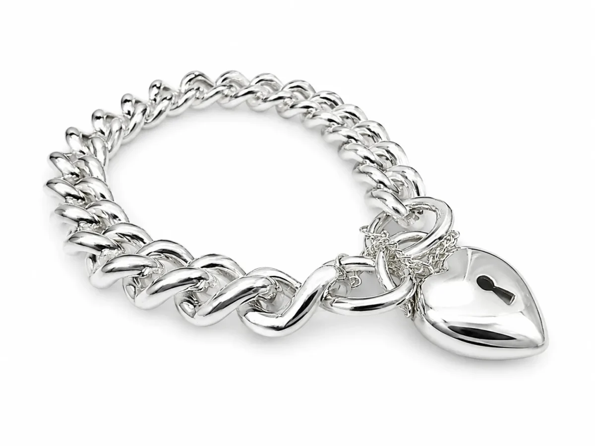 Sterling Silver Solid Curb Link Bracelet with Puff Heart Padlock & Safety Chain, 20cm – Made in New Zealand - C350PB21/PADF18