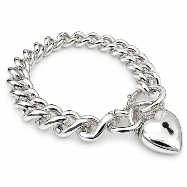 Sterling Silver Solid Curb Link Bracelet with Puff Heart Padlock & Safety Chain, 20cm – Made in New Zealand - C350PB21/PADF18