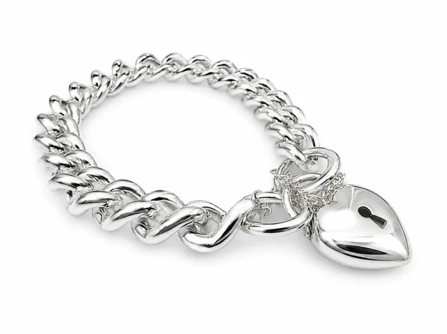 Sterling Silver Solid Curb Link Bracelet with Puff Heart Padlock & Safety Chain, 20cm – Made in New Zealand - C350PB21/PADF18