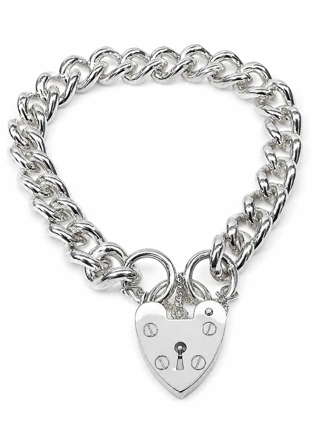 Sterling Silver Solid Plain Curb Link Bracelet with 18mm Heart Padlock & Safety Chain – 20cm – Made in New Zealand - C300PB20/PAD18