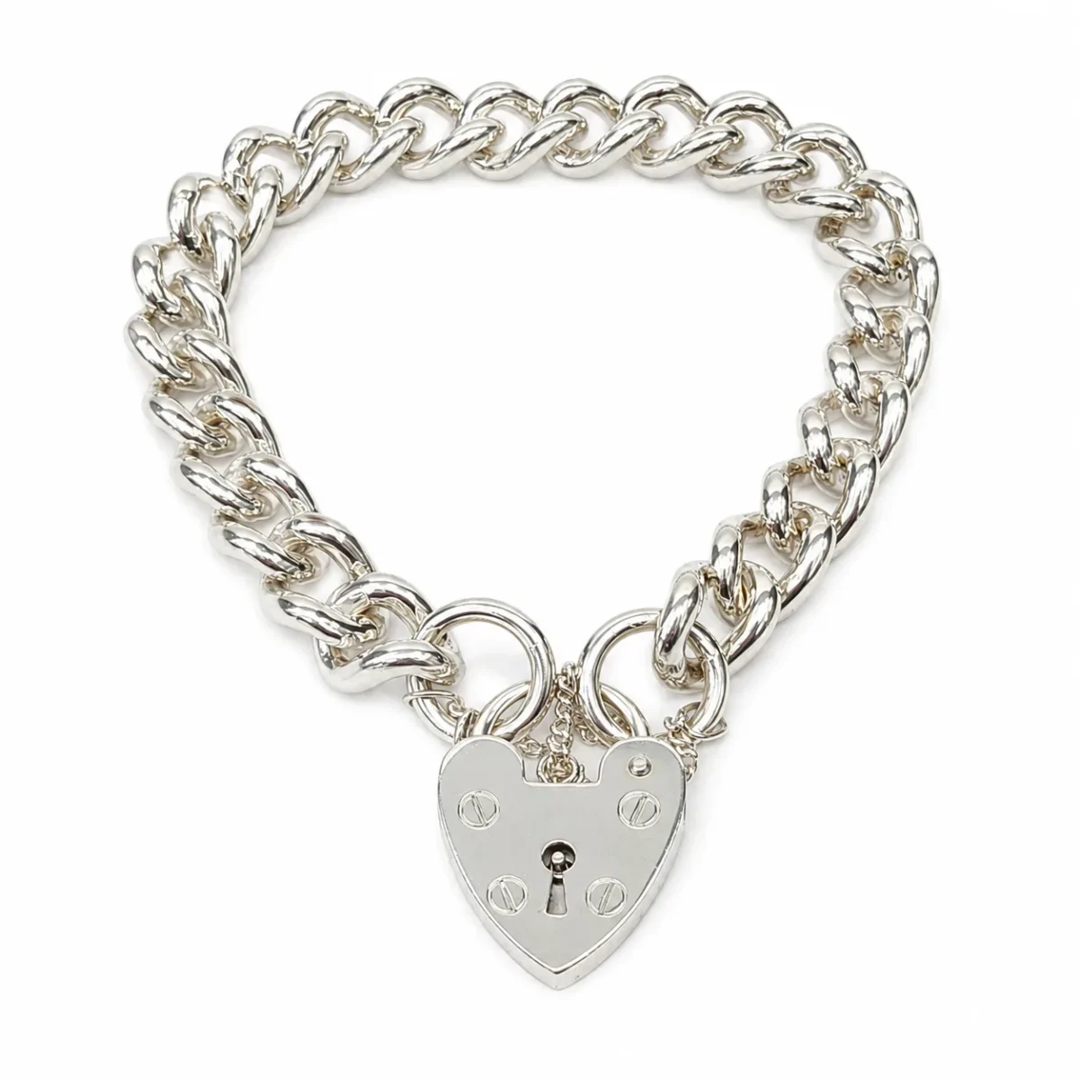 Sterling Silver Solid Plain Curb Link Bracelet with 18mm Heart Padlock & Safety Chain – 20cm – Made in New Zealand - C300PB20/PAD18