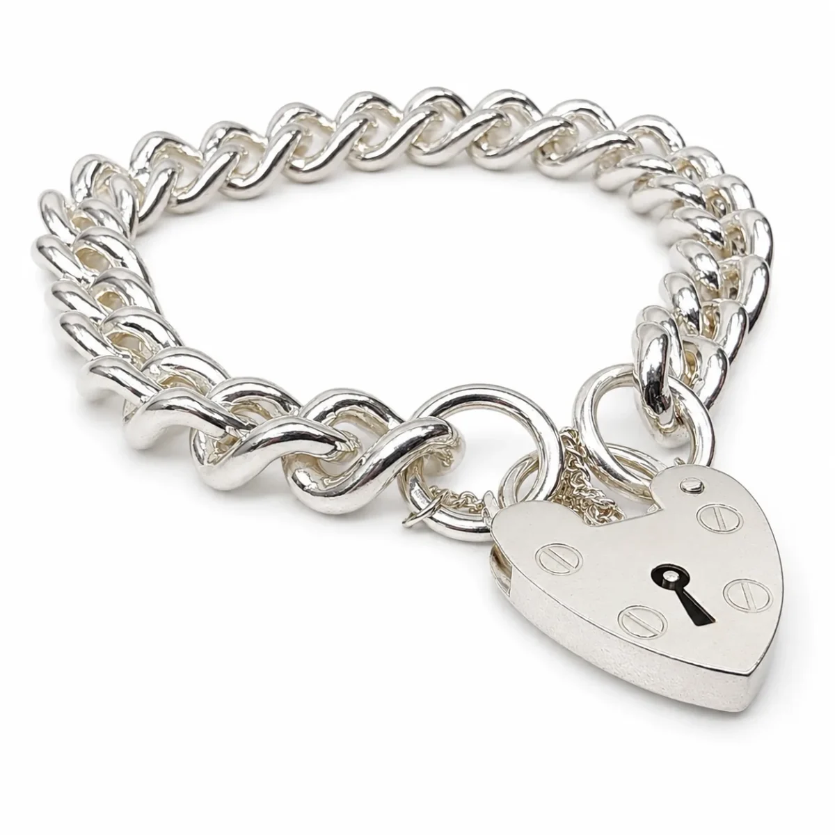 Sterling Silver Solid Plain Curb Link Bracelet with 18mm Heart Padlock & Safety Chain – 20cm – Made in New Zealand - C300PB20/PAD18