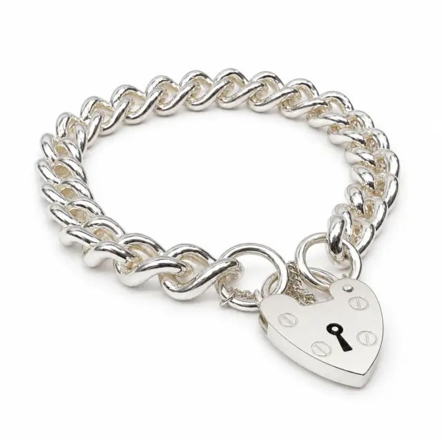 Sterling Silver Solid Plain Curb Link Bracelet with 18mm Heart Padlock & Safety Chain – 20cm – Made in New Zealand - C300PB20/PAD18