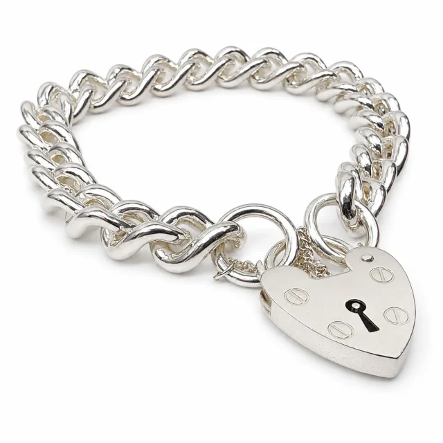 Sterling Silver Solid Plain Curb Link Bracelet with 18mm Heart Padlock & Safety Chain – 20cm – Made in New Zealand - C300PB20/PAD18