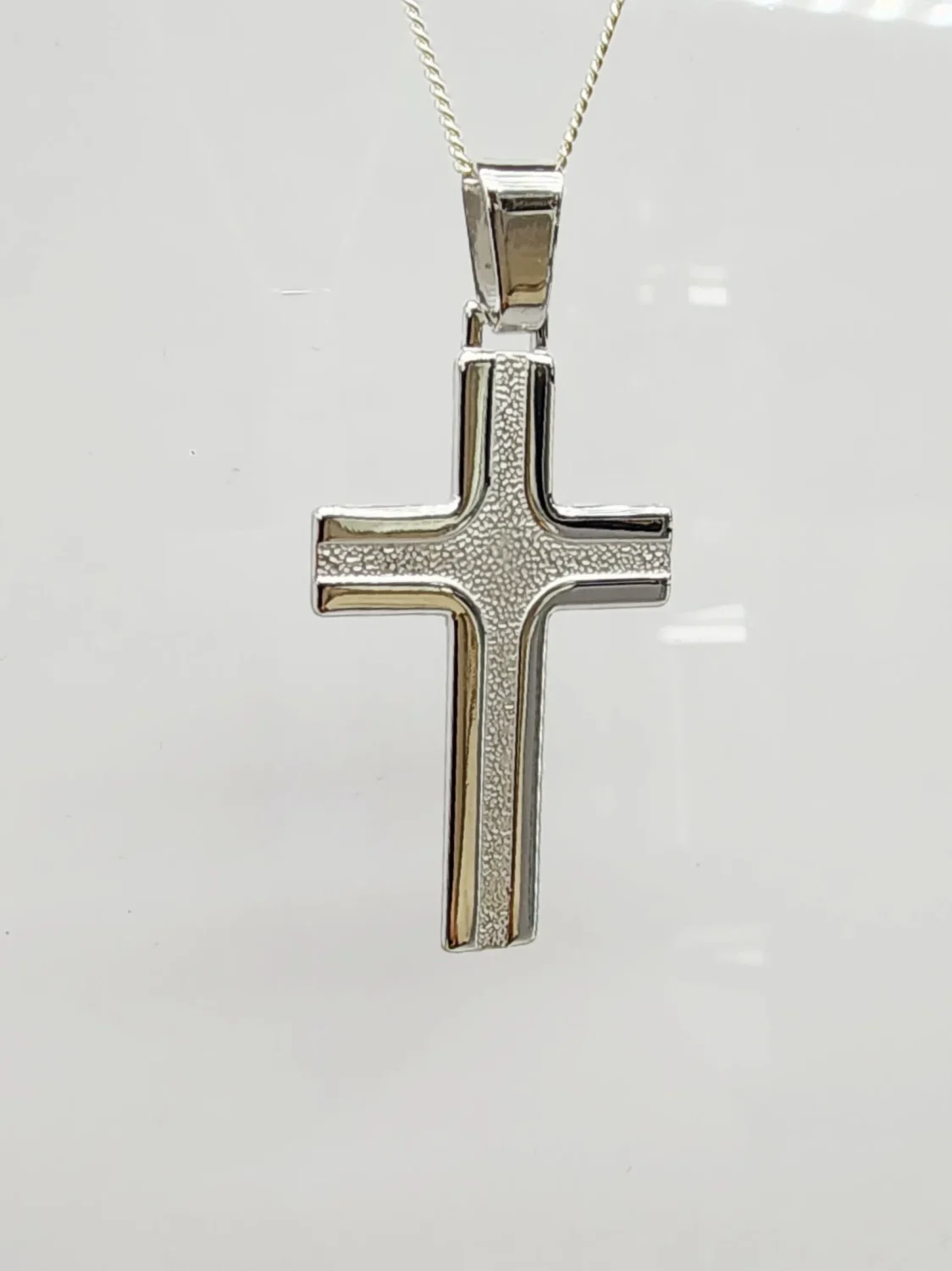 Sterling Silver Textured Cross Pendant with Polished Edges and Complimentary Chain - S105303PS/5