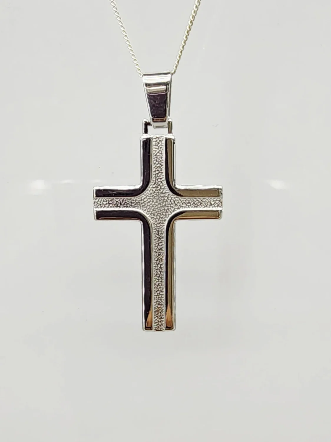 Sterling Silver Textured Cross Pendant with Polished Edges and Complimentary Chain - S105303PS/5