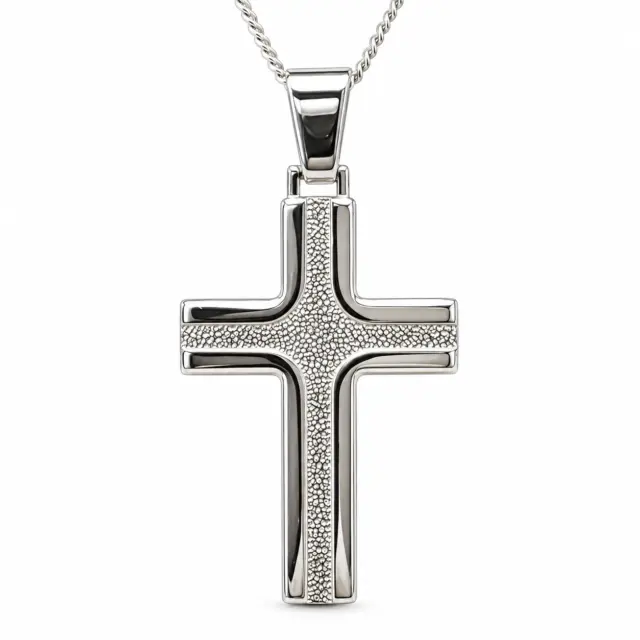 Sterling Silver Textured Cross Pendant with Polished Edges and Complimentary Chain - S105303PS/5