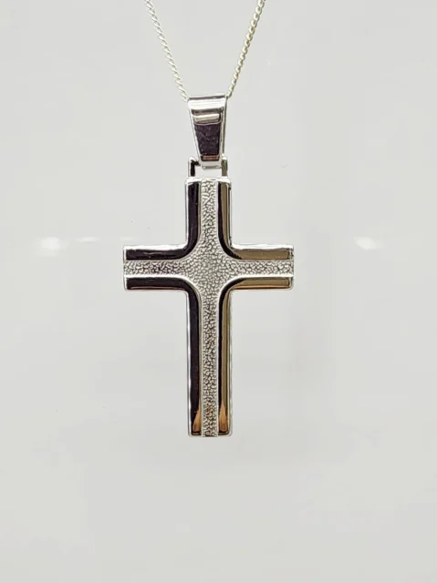 Sterling Silver Textured Cross Pendant with Polished Edges and Complimentary Chain - S105303PS/5