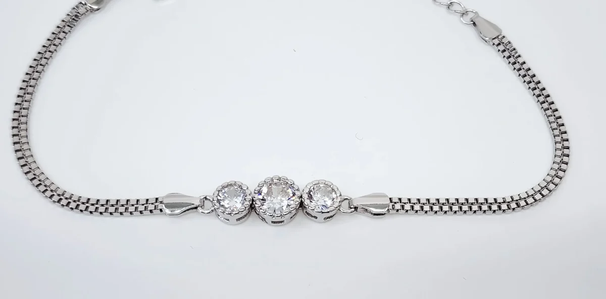 Sterling Silver Three Round Cubic Zirconia Set Double Box Chain Link Bracelet 16cm + 3cm - SSCZB05