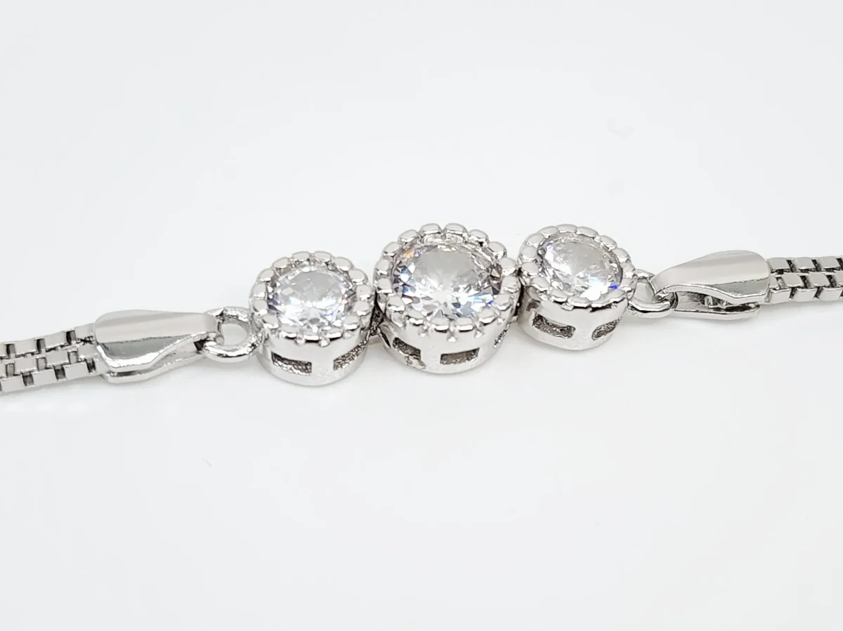 Sterling Silver Three Round Cubic Zirconia Set Double Box Chain Link Bracelet 16cm + 3cm - SSCZB05