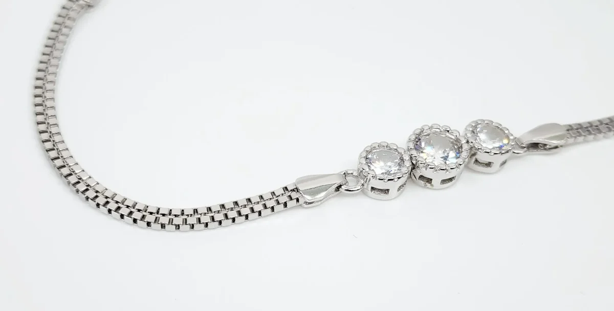 Sterling Silver Three Round Cubic Zirconia Set Double Box Chain Link Bracelet 16cm + 3cm - SSCZB05
