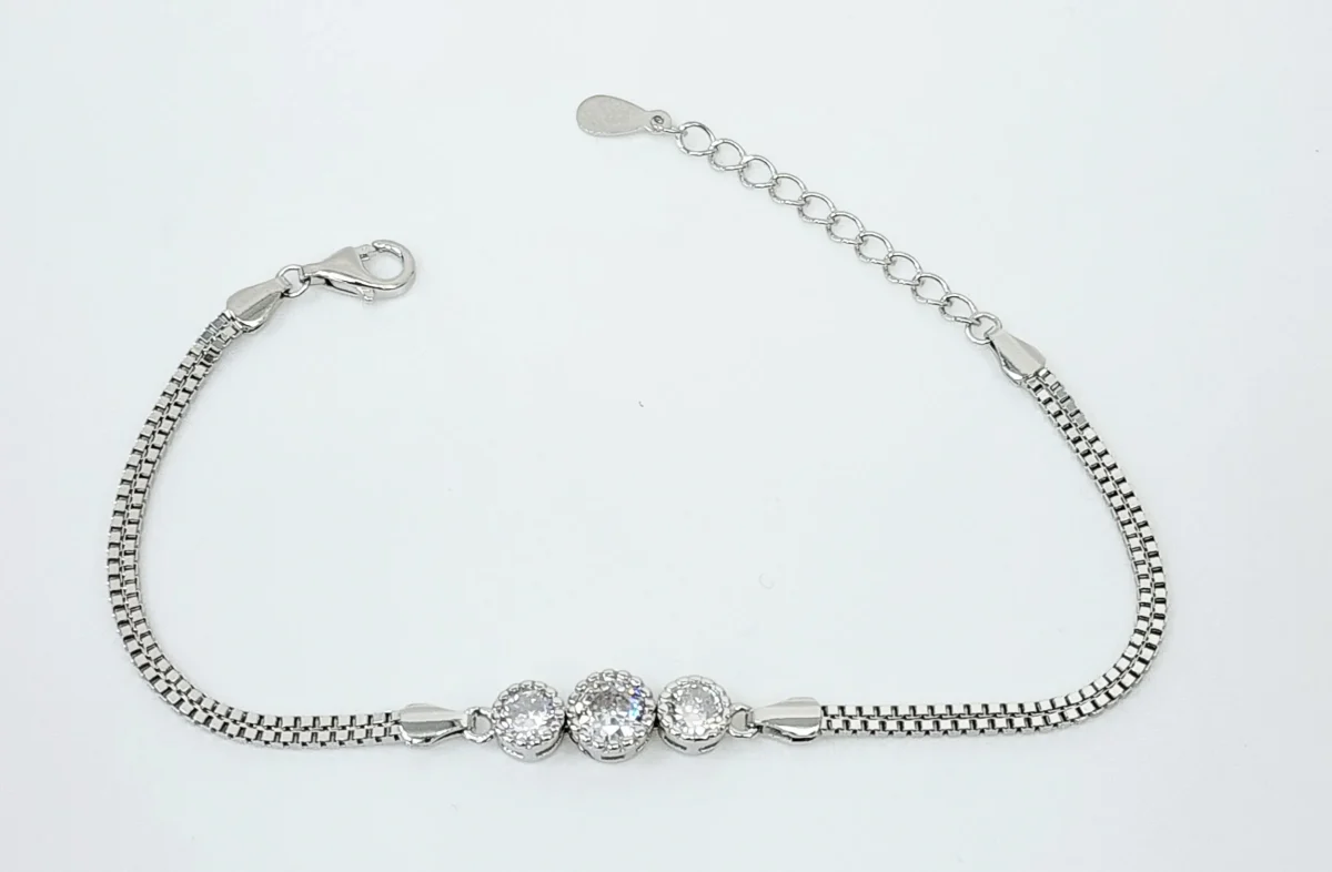 Sterling Silver Three Round Cubic Zirconia Set Double Box Chain Link Bracelet 16cm + 3cm - SSCZB05