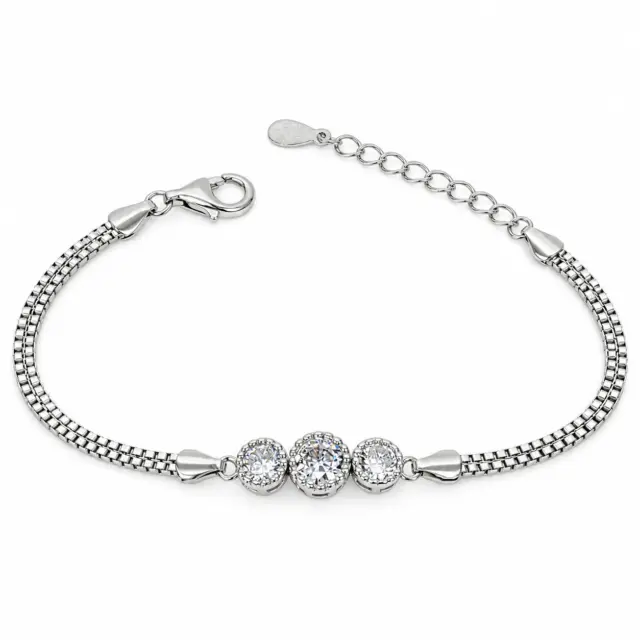 Sterling Silver Three Round Cubic Zirconia Set Double Box Chain Link Bracelet 16cm + 3cm - SSCZB05