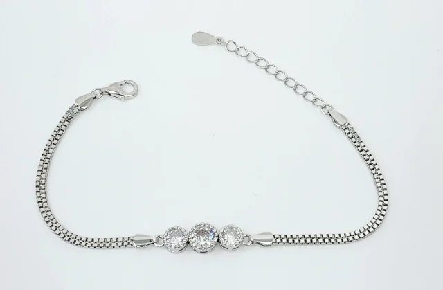 Sterling Silver Three Round Cubic Zirconia Set Double Box Chain Link Bracelet 16cm + 3cm - SSCZB05