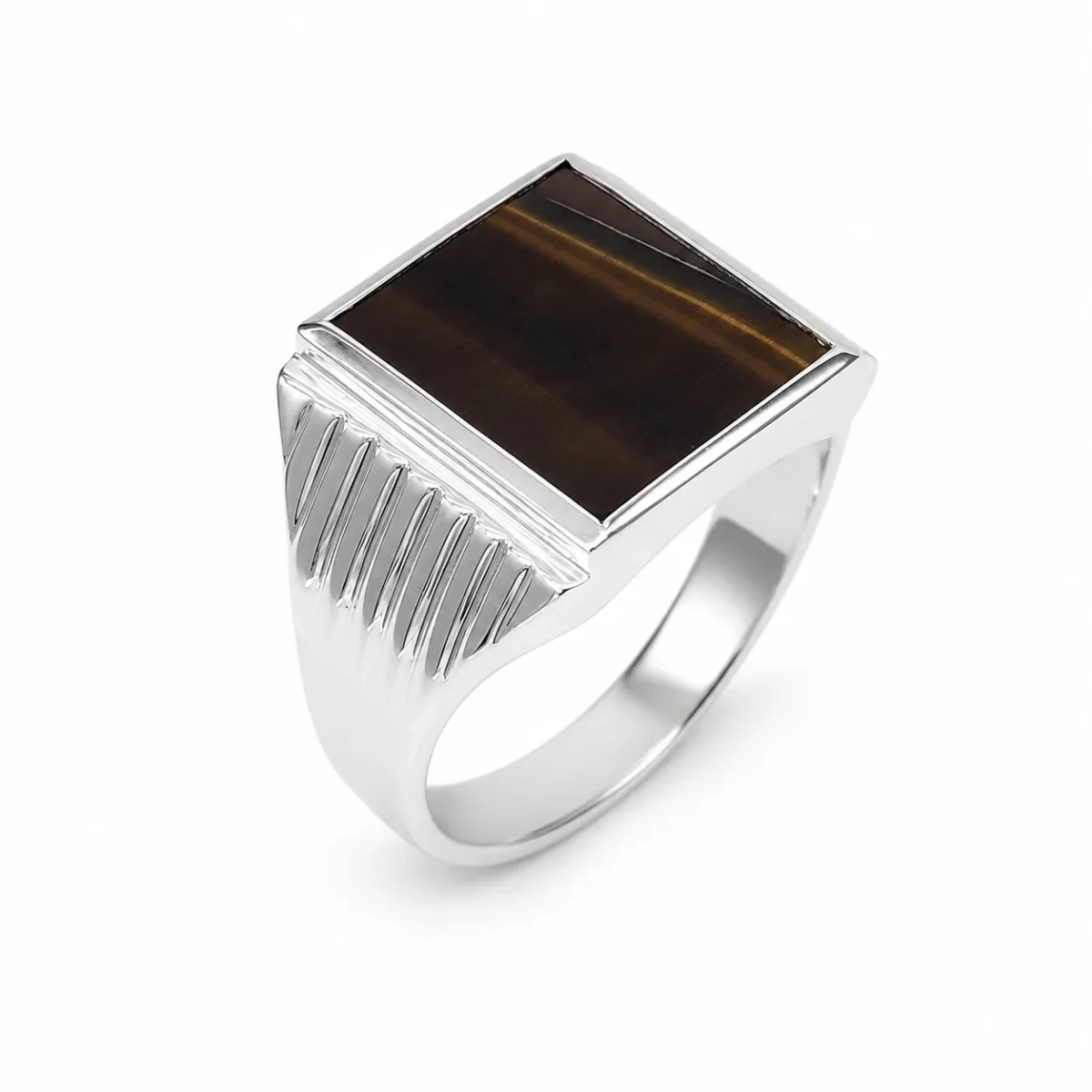 Sterling Silver Tiger's Eye Signet Ring – 14mm x 12mm Rectangular Tiger's Eye Stone - CYR8005TE