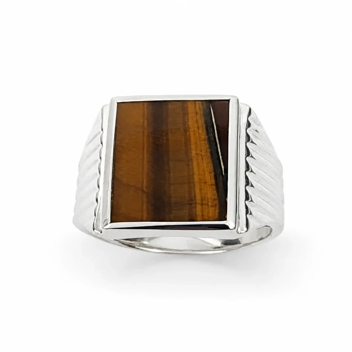 Sterling Silver Tiger's Eye Signet Ring – 14mm x 12mm Rectangular Tiger's Eye Stone - CYR8005TE