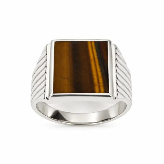 Sterling Silver Tiger's Eye Signet Ring – 14mm x 12mm Rectangular Tiger's Eye Stone - CYR8005TE