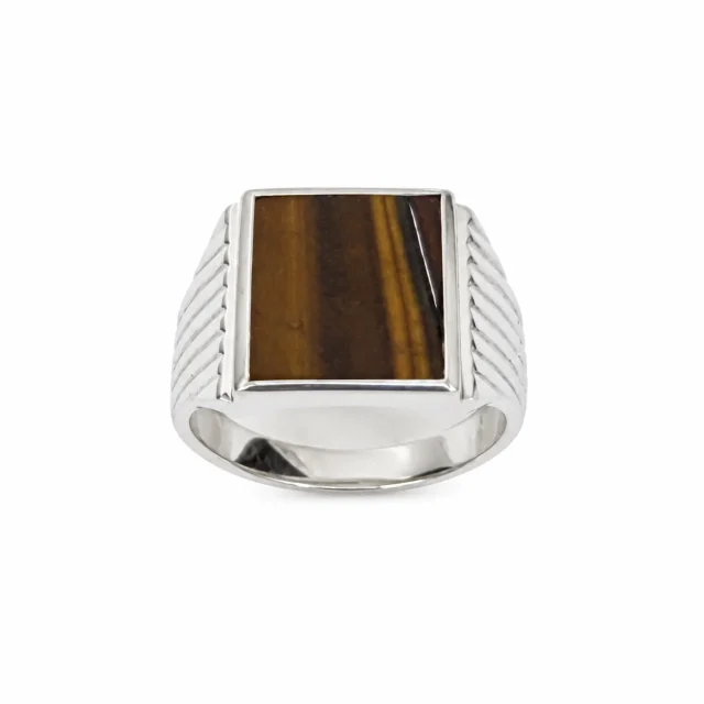 Sterling Silver Tiger's Eye Signet Ring – 14mm x 12mm Rectangular Tiger's Eye Stone - CYR8005TE