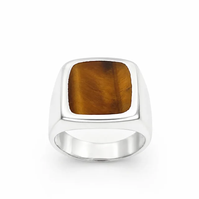 Sterling Silver Tiger's Eye Signet Ring – 16mm x 14mm Cushion Tiger's Eye Stone - CYR7335TE