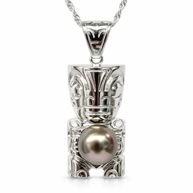 Sterling Silver Tiki Pendant with 9–9.5mm Tahitian Black Pearl – High Lustre, Includes Free Chain