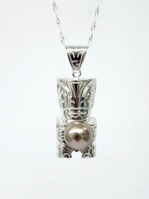 Sterling Silver Tiki Pendant with 9–9.5mm Tahitian Black Pearl – High Lustre, Includes Free Chain