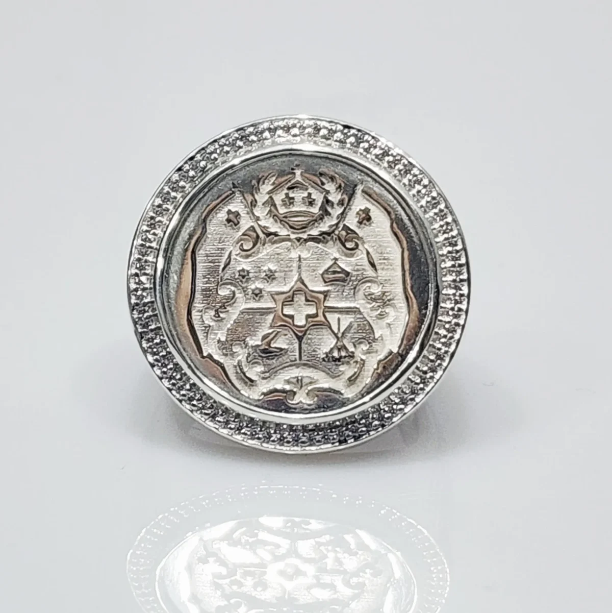 Sterling Silver Tongan Sila Coin Ring With Cubic Zirconia Setting
