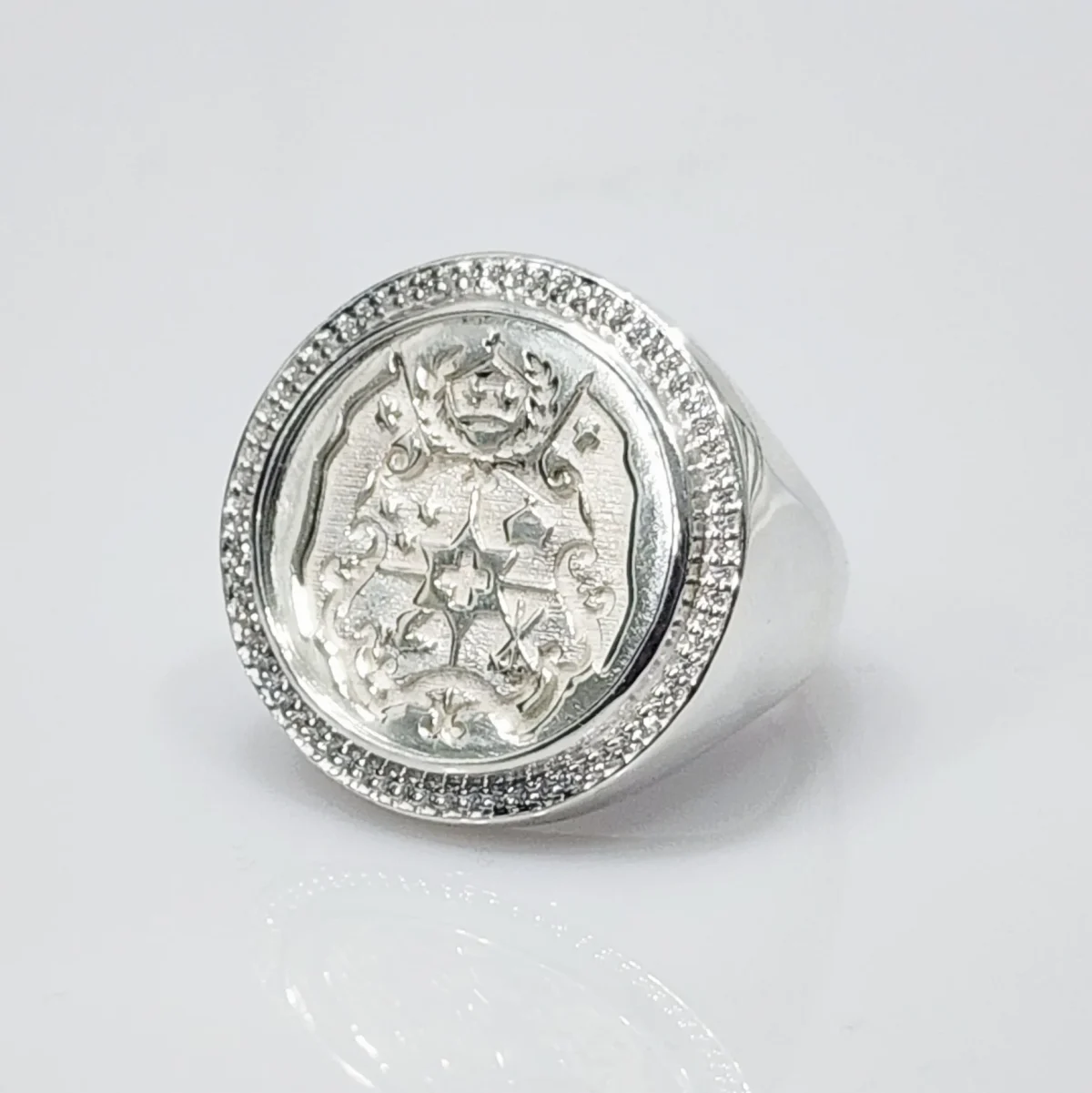 Sterling Silver Tongan Sila Coin Ring With Cubic Zirconia Setting