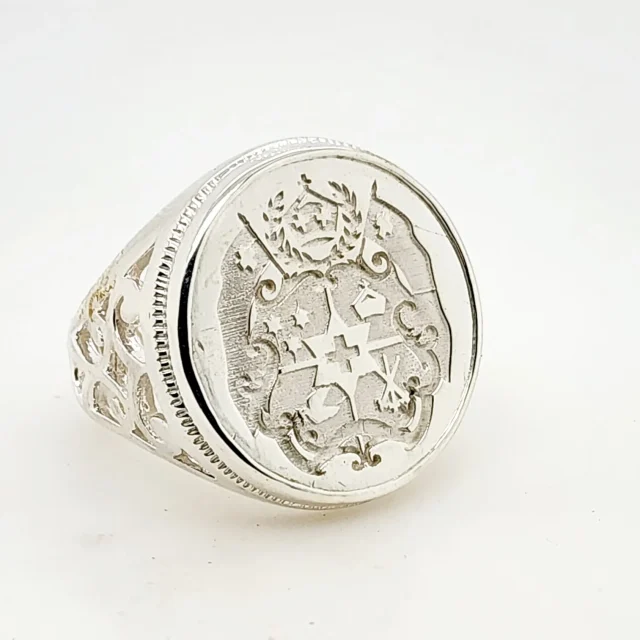 Sterling Silver Tongan Sila Coin Ring with Filigree Ring Mount