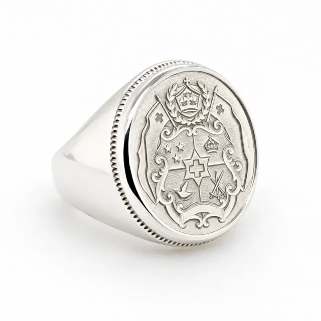 Sterling Silver Tongan Sila Coin Ring with Solid Ring Mount