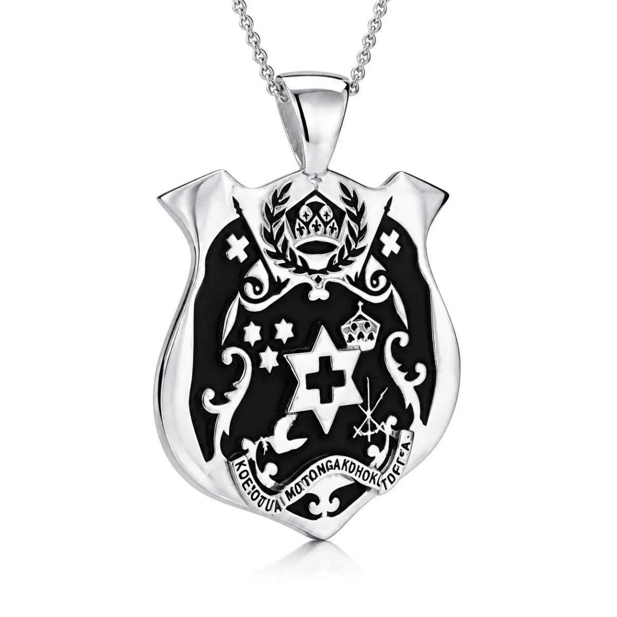 Sterling Silver Tongan Sila Pendant with Black Enamel Engraved Emblem – High Polish Finish