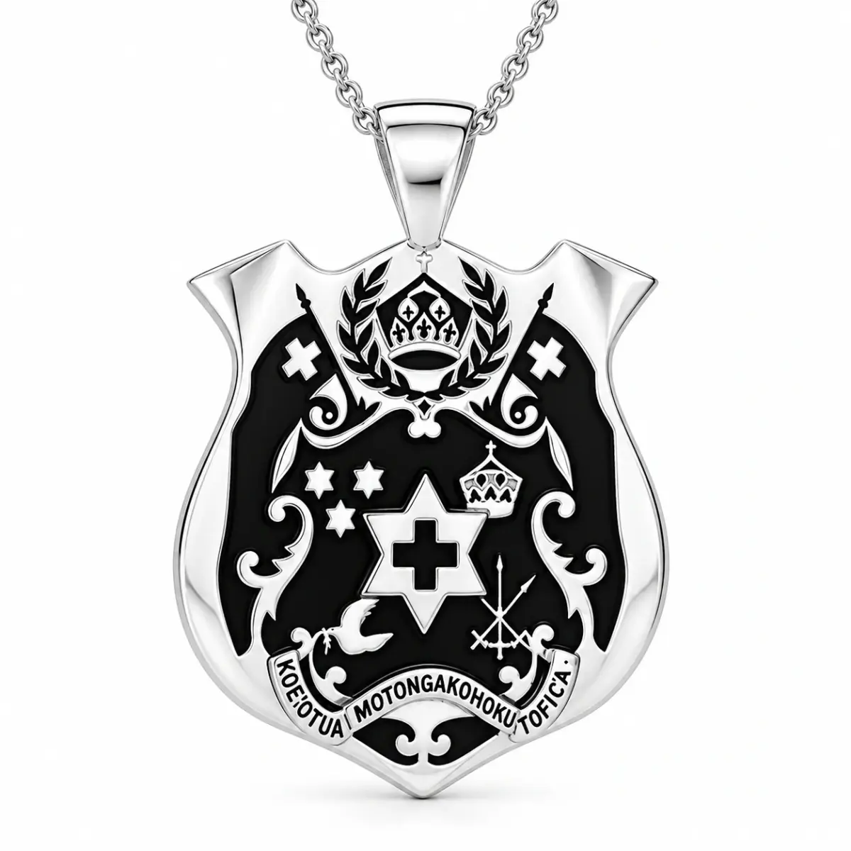 Sterling Silver Tongan Sila Pendant with Black Enamel Engraved Emblem – High Polish Finish