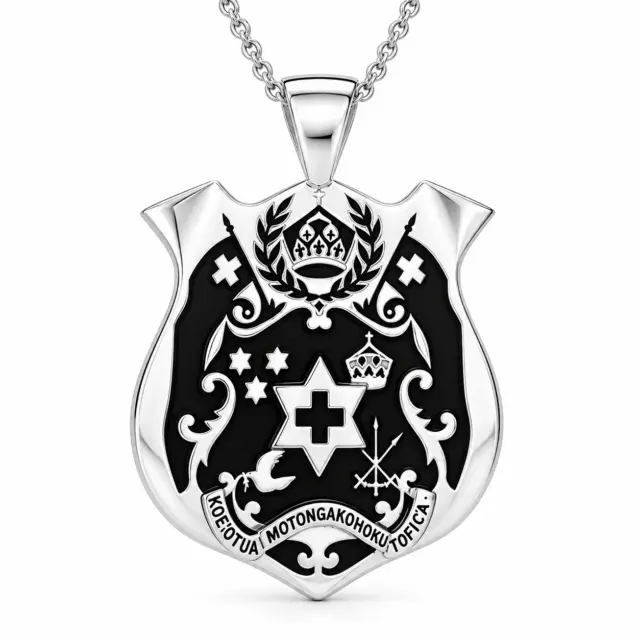 Sterling Silver Tongan Sila Pendant with Black Enamel Engraved Emblem – High Polish Finish