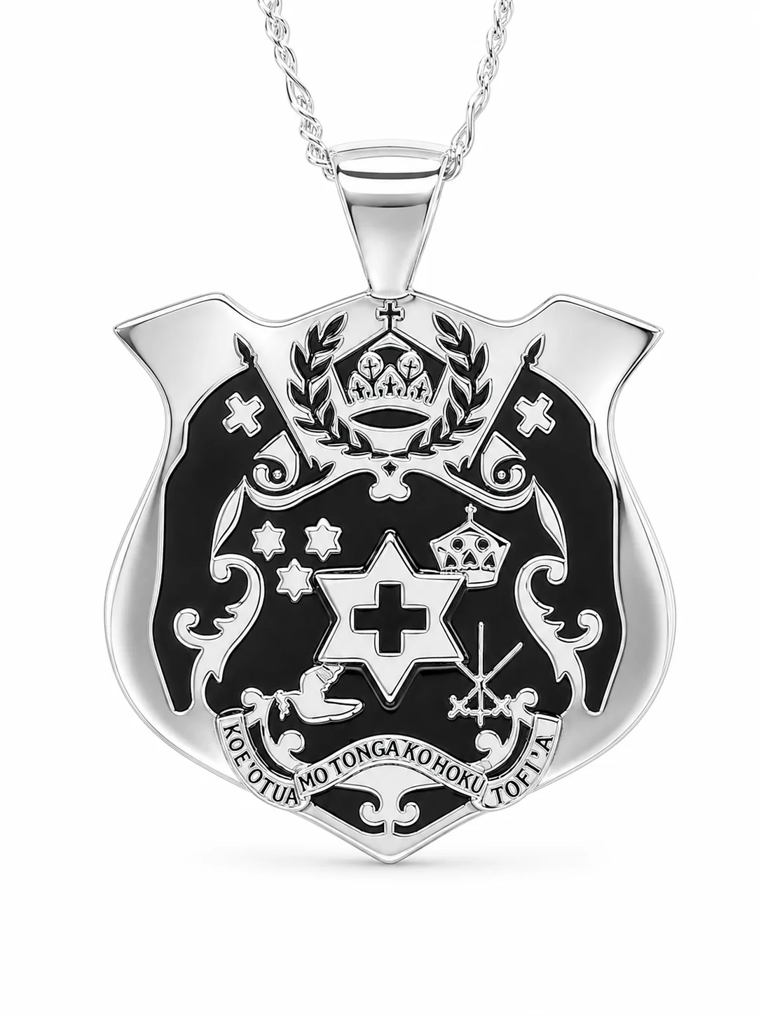 Sterling Silver Tongan Sila Pendant with Black Enamel Engraved Emblem – High Polish Finish