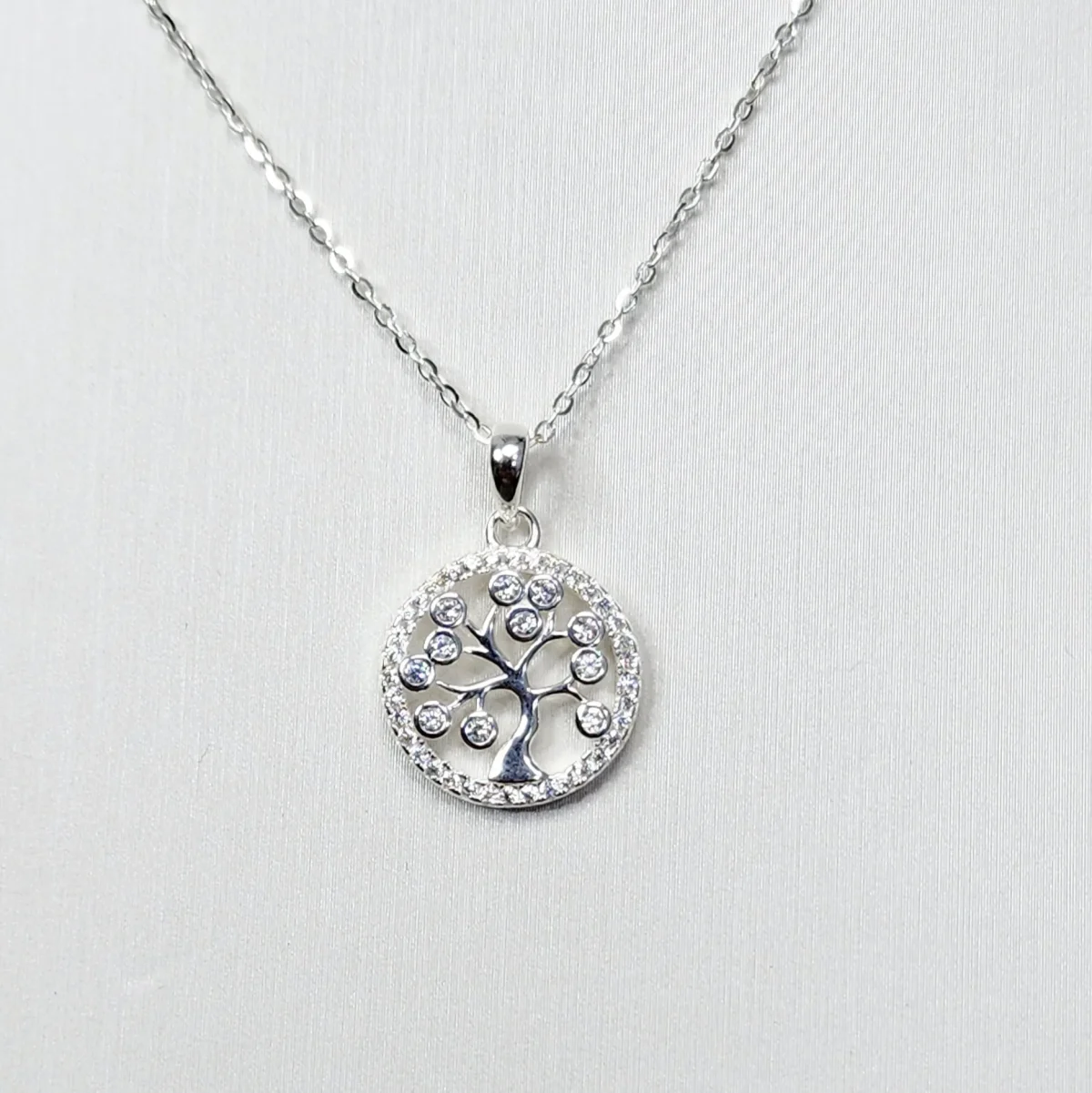 Sterling Silver Tree Of Life Pendant with Cubic Zirconia Setting and Sterling Silver Chain