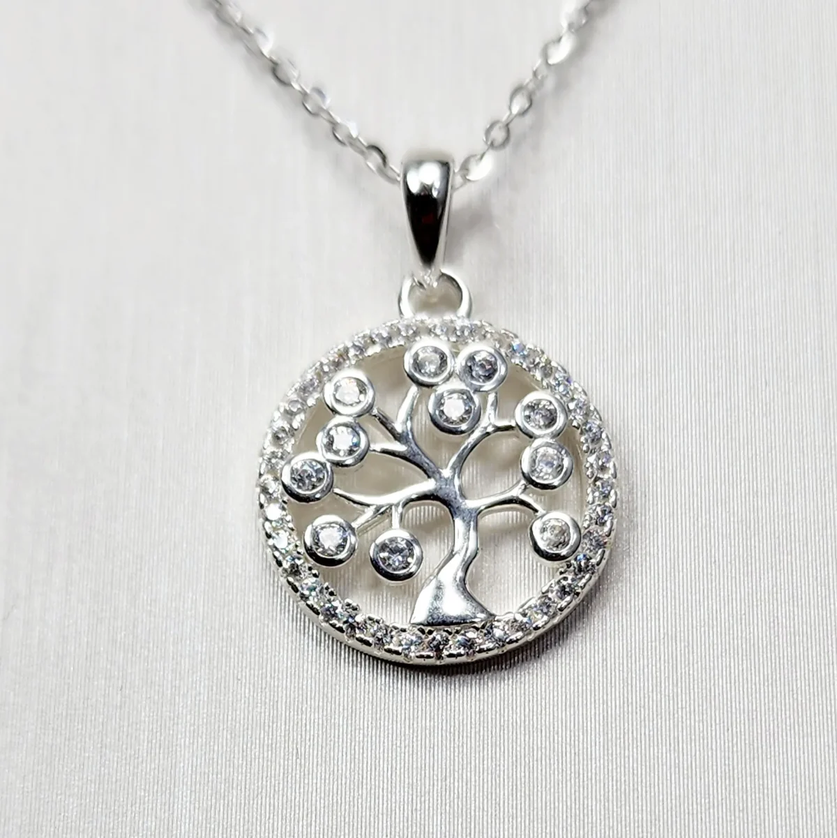 Sterling Silver Tree Of Life Pendant with Cubic Zirconia Setting and Sterling Silver Chain