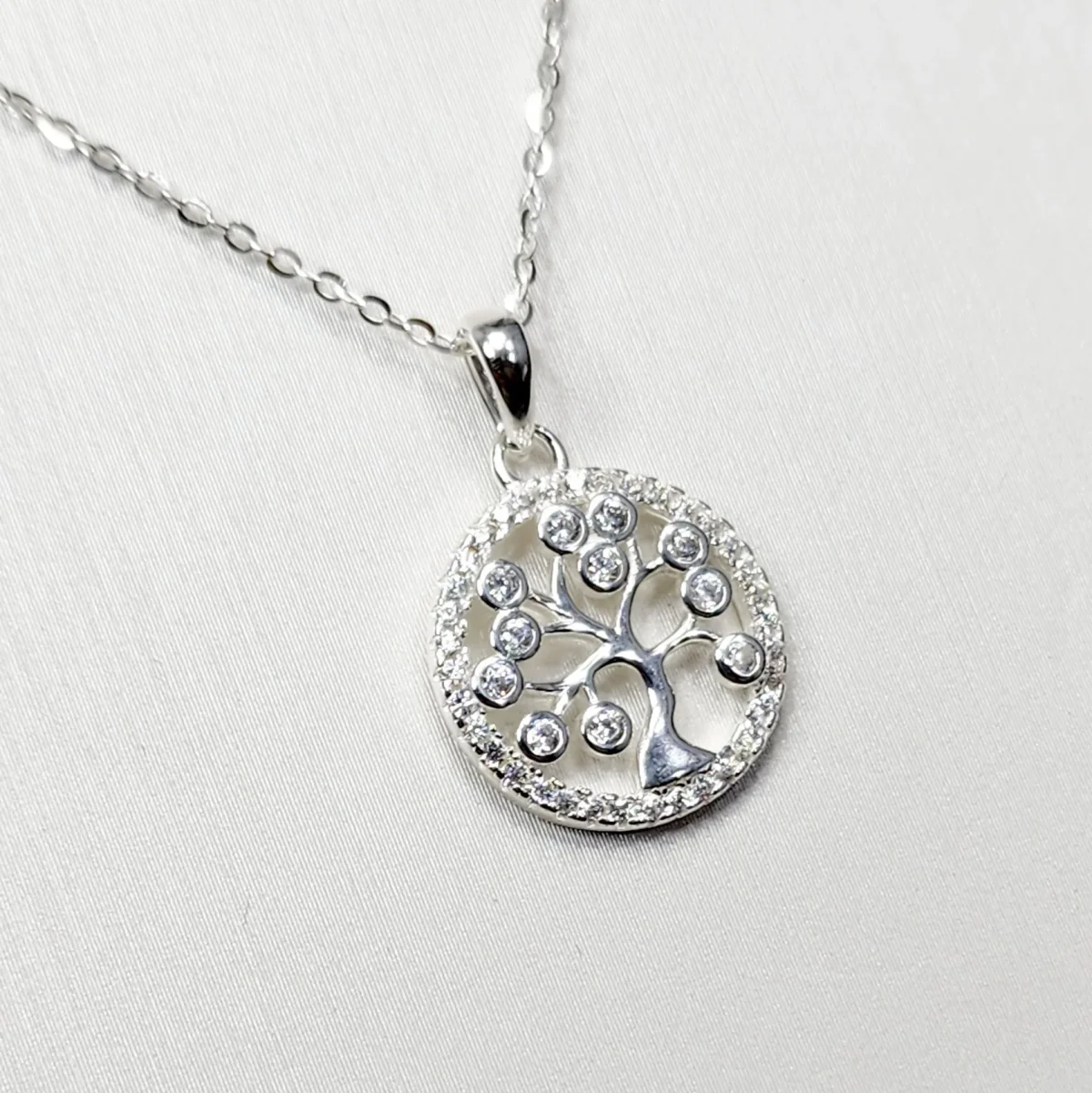 Sterling Silver Tree Of Life Pendant with Cubic Zirconia Setting and Sterling Silver Chain