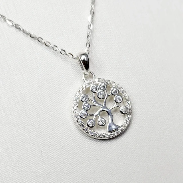 Sterling Silver Tree Of Life Pendant with Cubic Zirconia Setting and Sterling Silver Chain